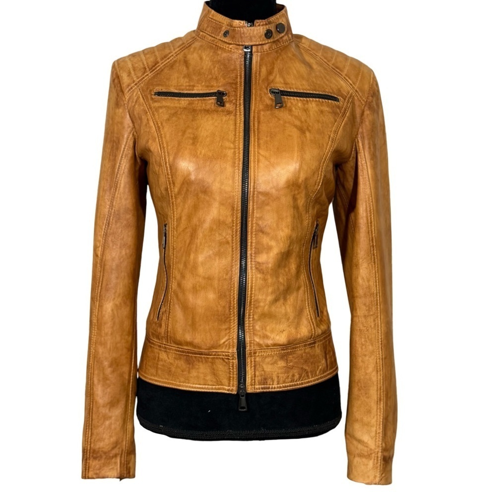 Florence Moon Italy Women’s Leather Moto Jacket - Cognac– XS -NWT - Picture 3 of 13